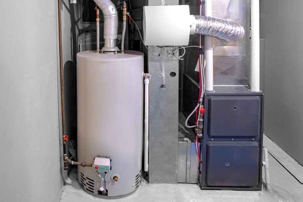 A water heater installed in a basement of a home